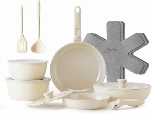 Lot de16, poêles et casseroles, batterie de cuisine antiadhésive en céramique pour le camping avec poignée amovible, non toxique, sans PFAS, PFOA et PTFE, lavable au lave-vaisselle et au four 16 pièces Beige