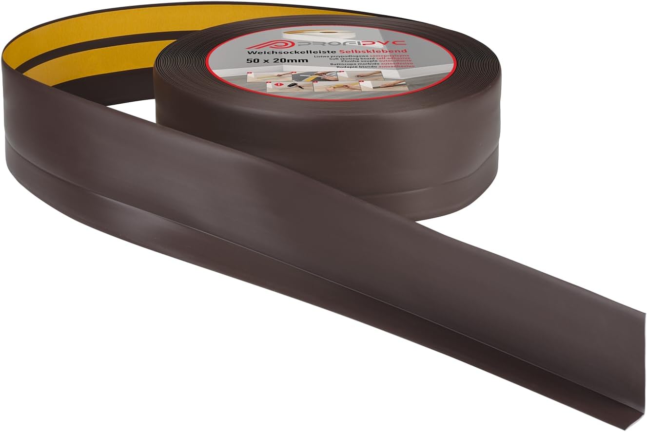Plinthe souple autoadhésive PVC 50x20 mm – 25 mètre, Plinthe autocollante flexible - pliable, Plinthe souple premium pour revêtement de sol, Montage facile, Brun Foncé 25 Mètres Brun Foncé
