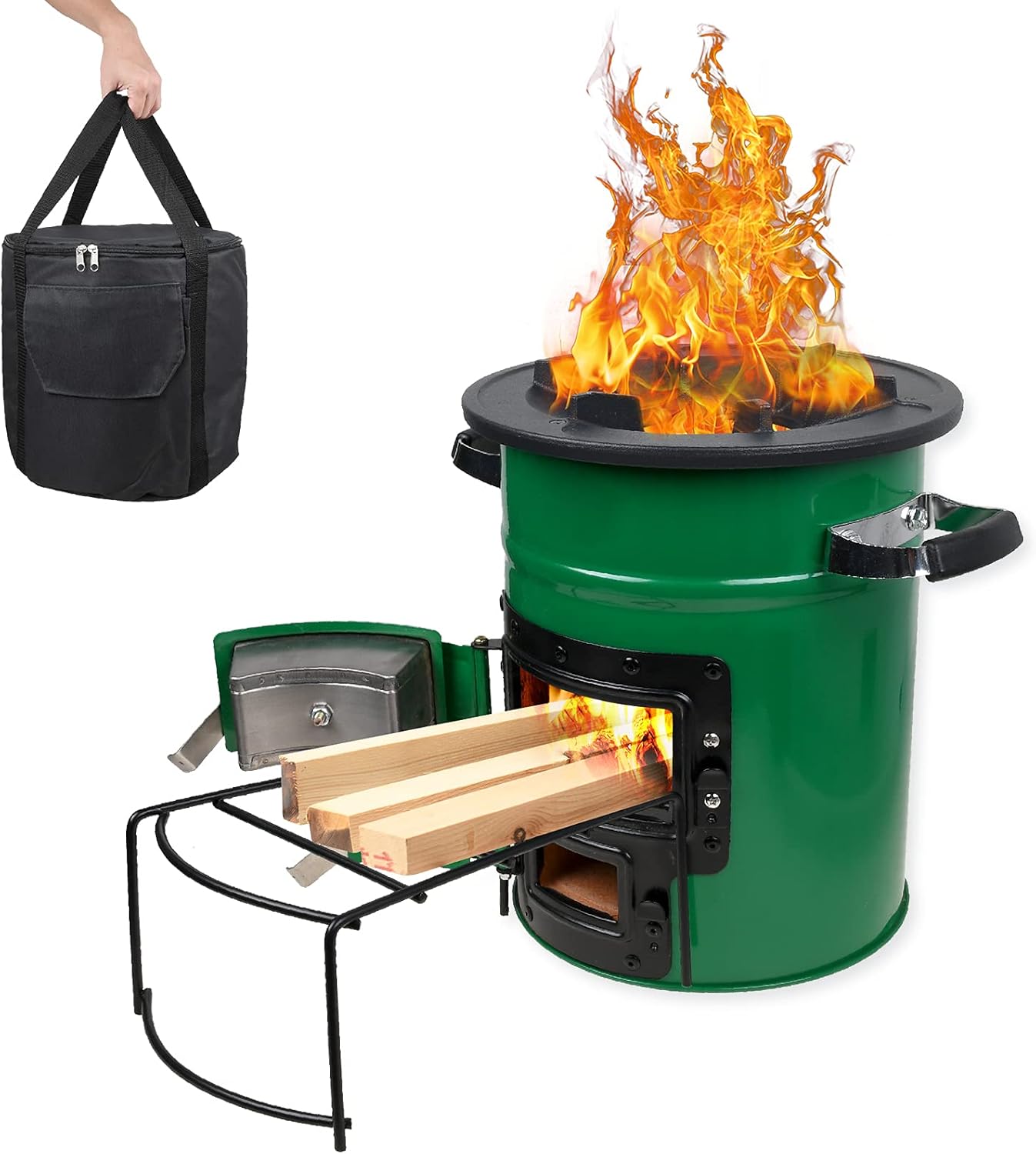 Rocket Stove, Acier inoxydable Rocket Stove, Poêle à Bois Camping pour la Cuisine en Plein Air, Pique-niques, Barbecues, Chasse et Pêche, avec Sac de Transport, Support pour Bois de Chauffage Stainless steel stove with stand & Bag