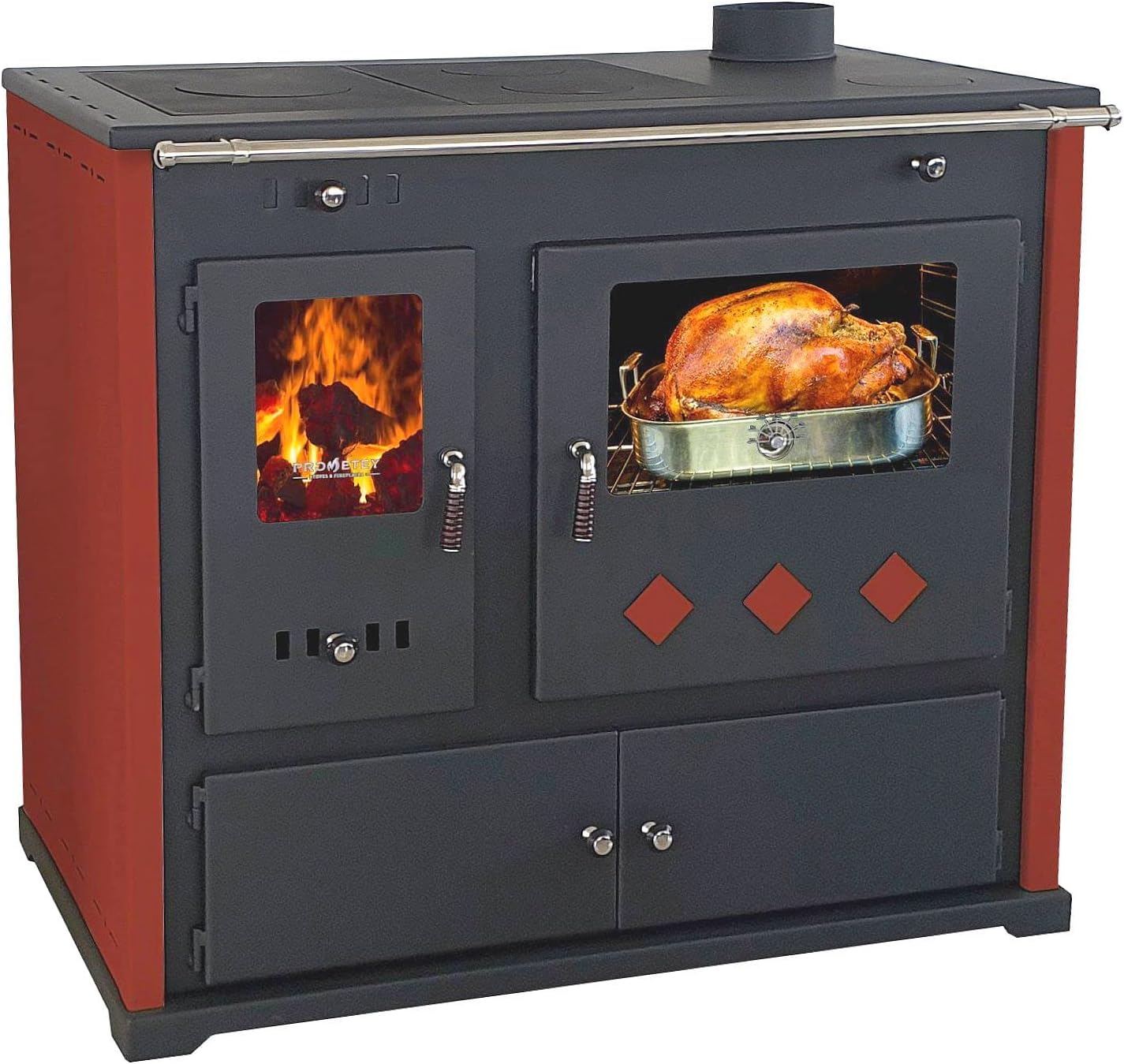 EEK Practik Lux Poêle à bois avec compartiment de cuisson et plaque de cuisson Classe d’efficacité A+ Rouge 9,5 kW