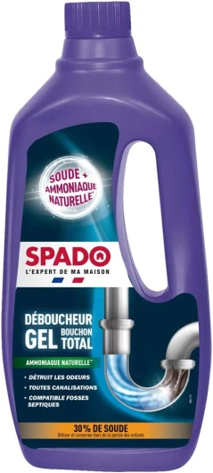 Déboucher Gel - Bouchon total eau stagnante - Compatible fosses septiques- Détruit les odeurs - soude minérale concentrée 30% - action dès 15min - 1 L