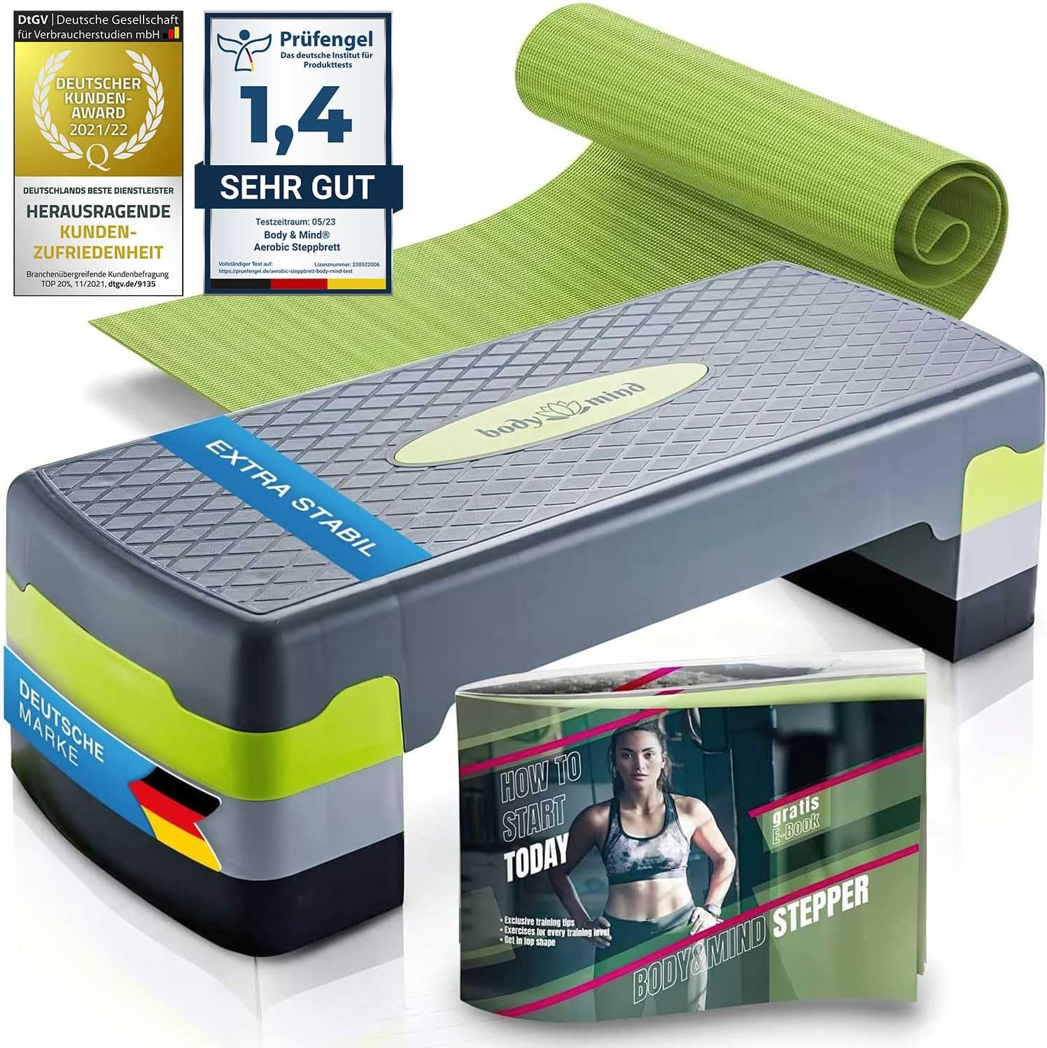 Body & Mind® Stepboard aérobic Deluxe 2-étapes Stepper Step-Bench avec tapis antidérapant gratuit & E-Book d'entraînement exclusif Planche Elite