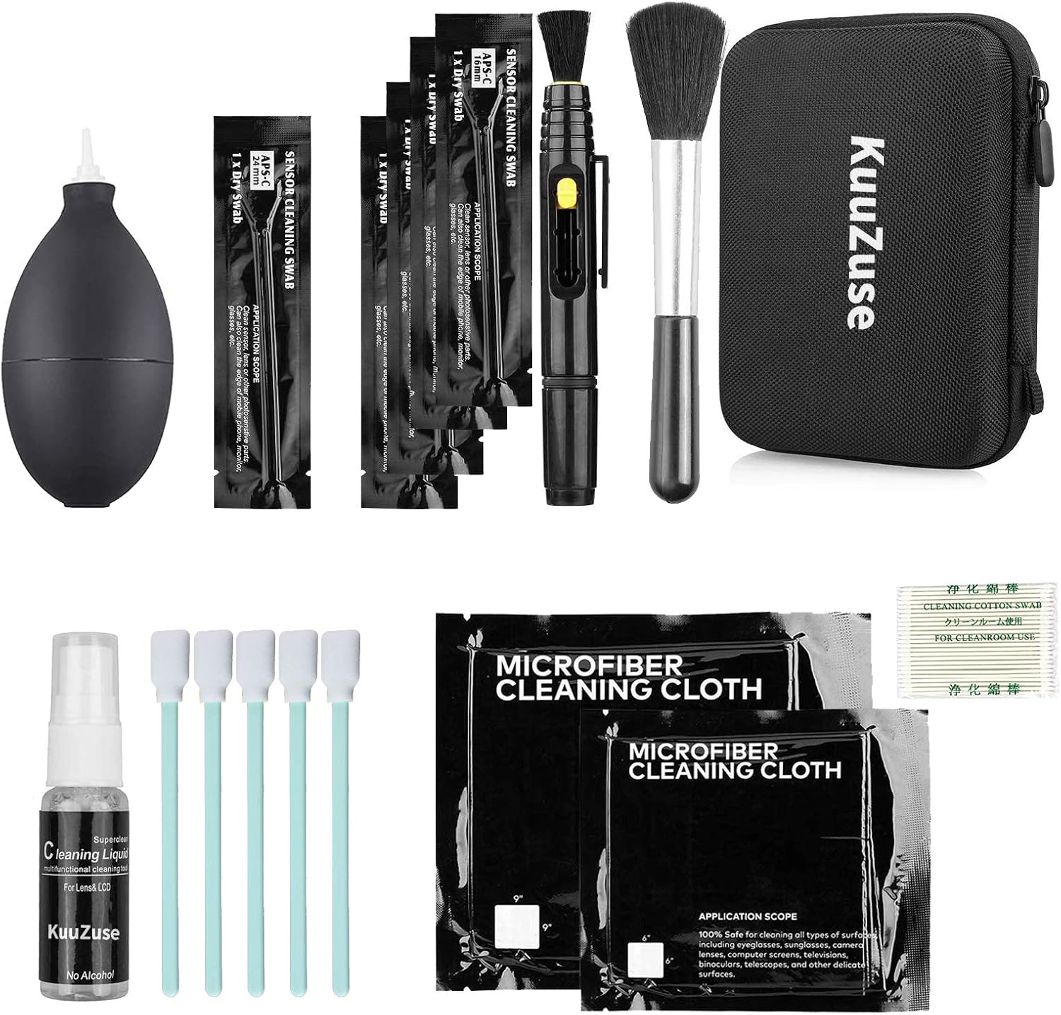 KuuZuse Kit de Nettoyage pour appareils Photo Reflex numériques avec tampons de Nettoyage APS-C, Chiffons en Microfibres, Stylo de Nettoyage d'objectif, pour Les objectifs d'appareils Photo