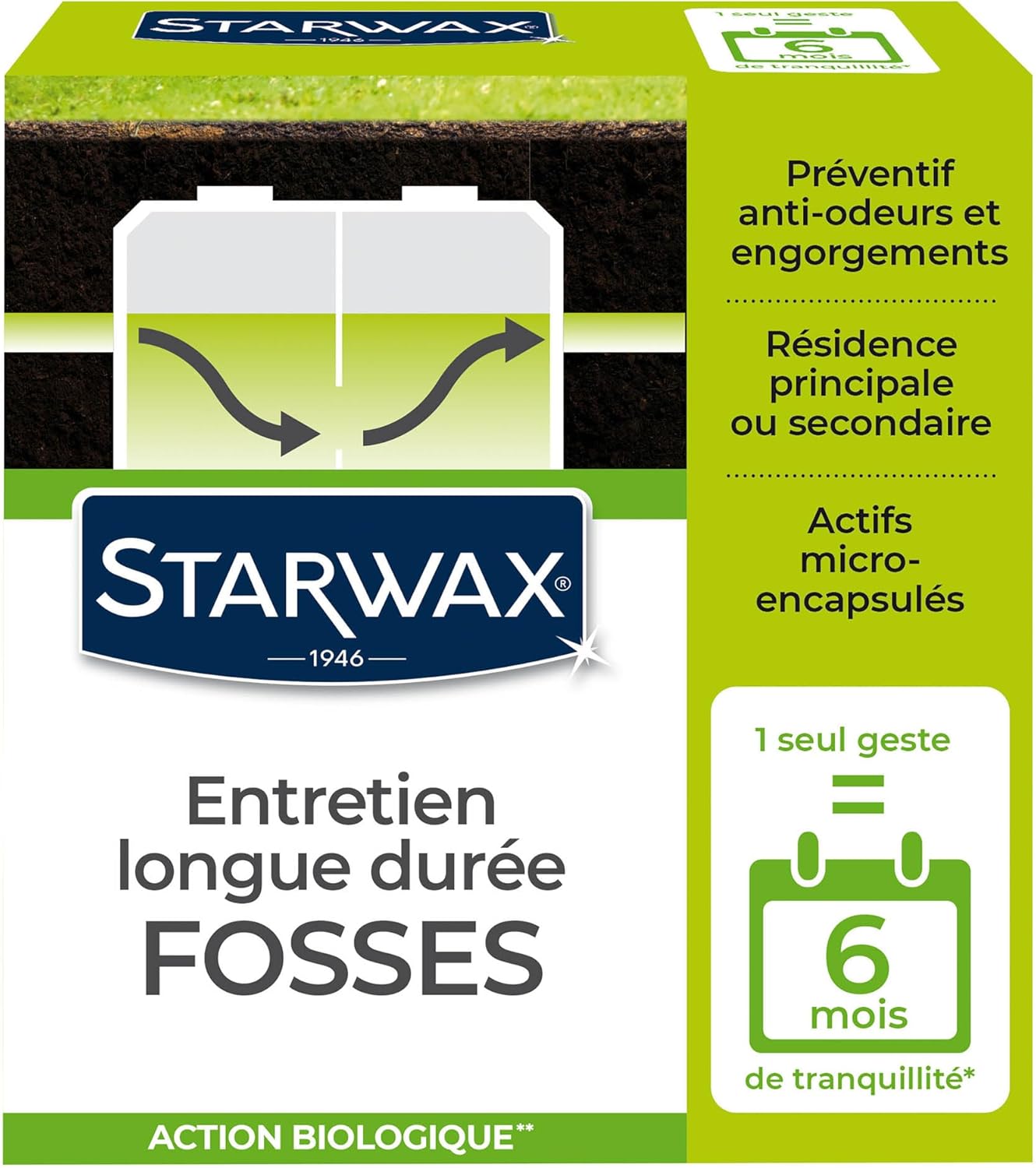 Entretien Longue Durée Fosses - Préventif Anti-odeur et engorgements - Actifs micro-encapsulés - Action Biologique - Fabriqué en France - 500 g - 1 Seul Geste = 6 Mois de Tranquillité Entretien Longue Durée 500g
