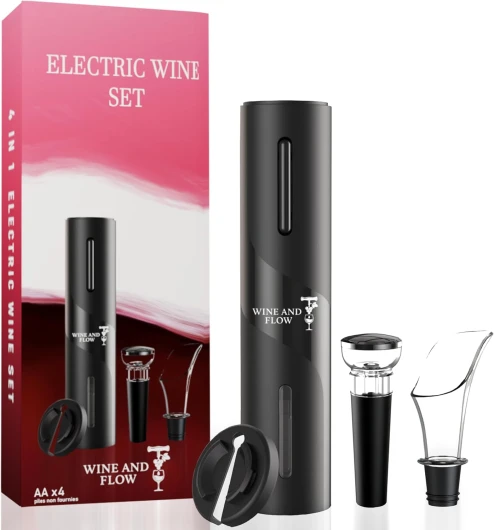 Tire Bouchon Electrique 4 en 1 Wine and Flow – Ouvre Bouteille Automatique avec Aérateur, Coupe-Capsule, Pompe Vide-Air – Cadeau Vin Premium pour Homme, Femme ou Sommelier