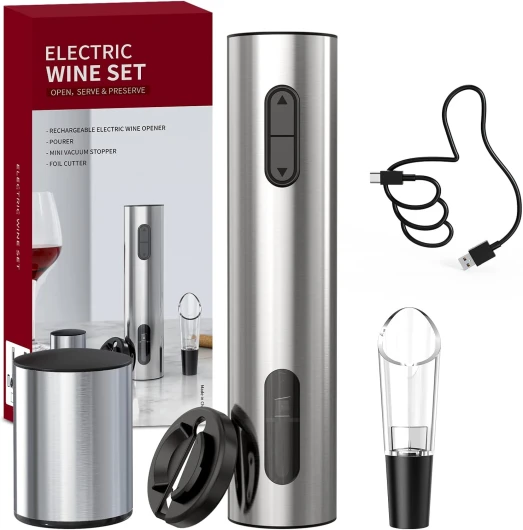Tire-bouchon électrique 4 en 1 rechargeable Ouvre-bouchon électrique en acier inoxydable avec câble USB, Coupe-Capsule, verseur de vin et bouchon à vide pour les amateurs de vin Set À Vin 4-in-1 - Argent
