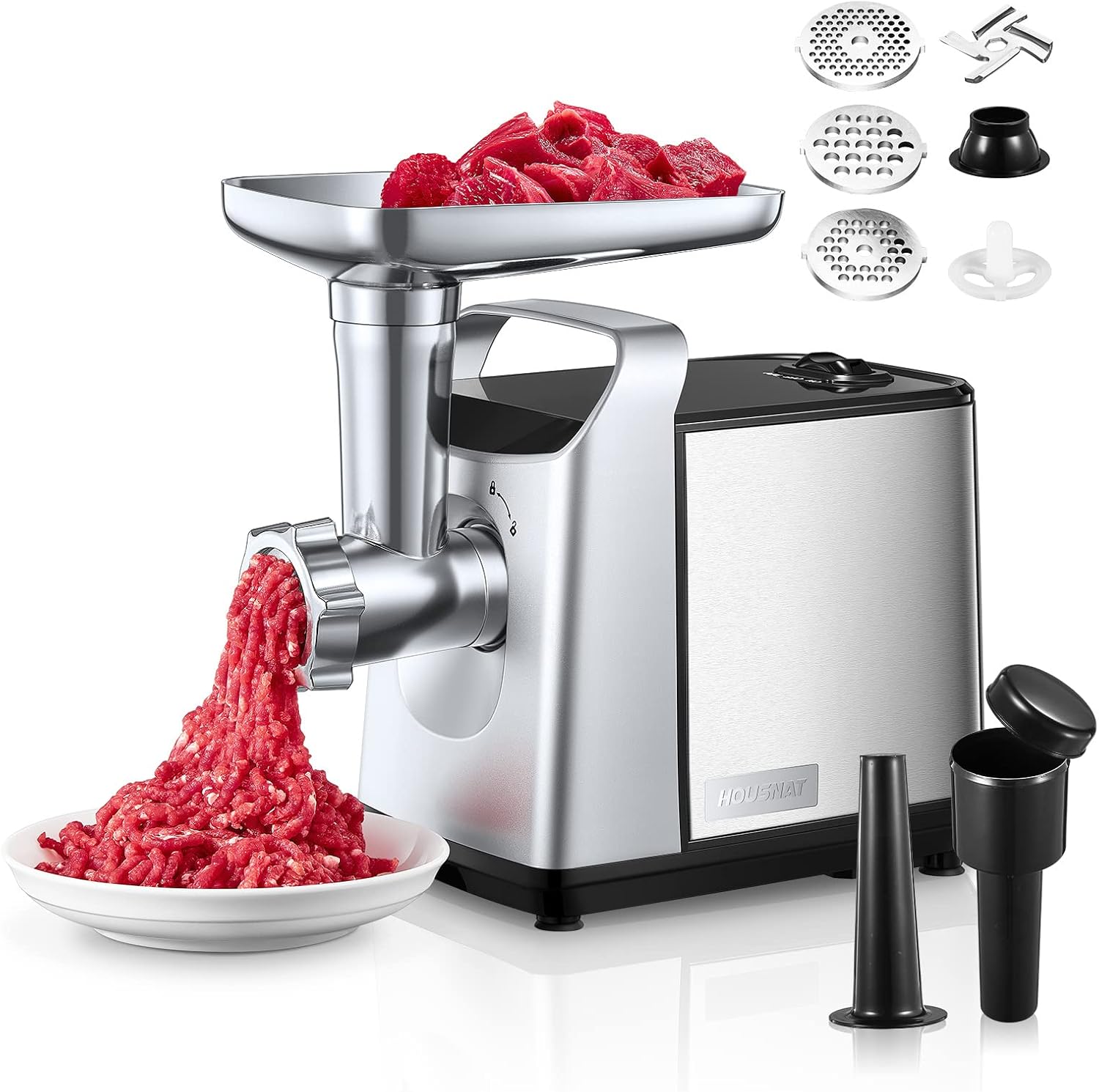Hachoir à Viande Acier Inoxydable, 1500W Max, 3 en 1 Hachoir à Viande Électrique avec 3 plaques de broyage, Accessoire de Kubbe et de Saucisse, 1.5Kg/Min