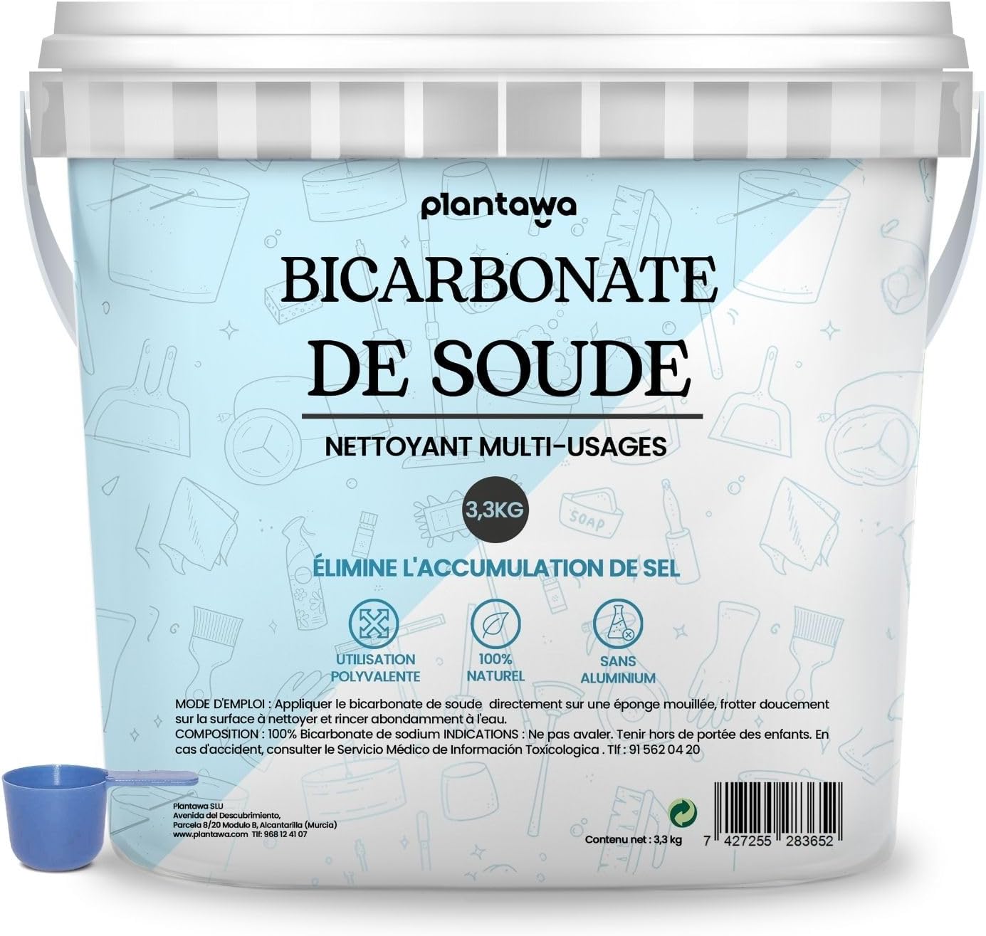 Bicarbonate de Soude Ménager 3,3kg - Bicarbonate de Sodium Multi-Usages - Nettoyage Écologique, Détachant Naturel, Blanchissant Textile, Élimine Graisse et Odeurs - Qualité Pure