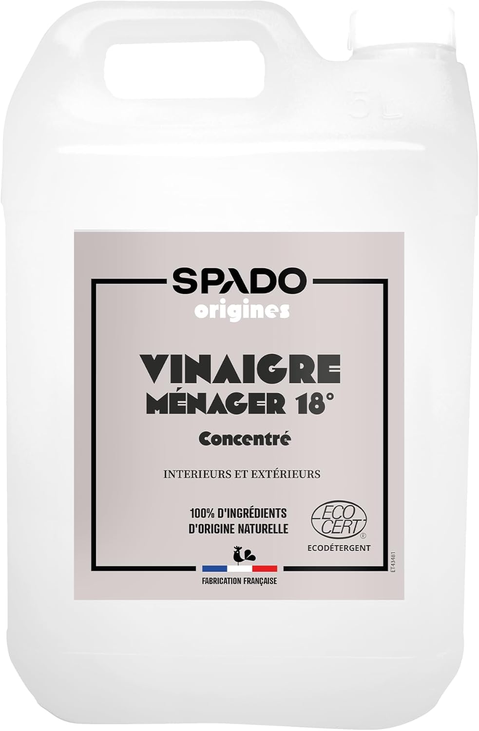 SPADO Origines - Vinaigre blanc 18° - Détartre et fait briller - Formule ultra concentrée et naturelle - Sans parfum - Contact alimentaire - ECOCERT - 5L - Fabrication Française 5 l (Lot de 1)