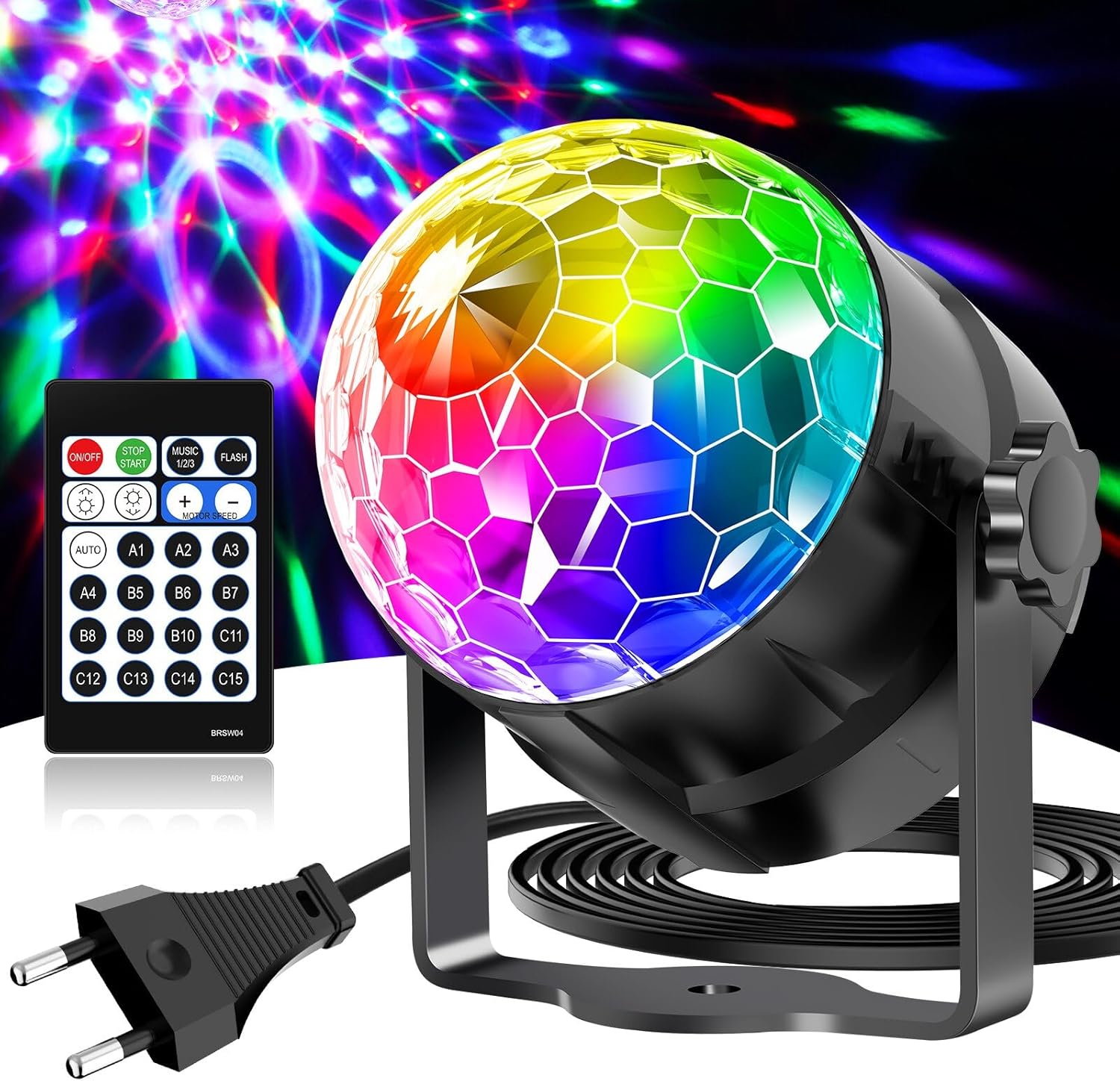 Boule disco, rotation à 360° contrôlée par la musique avec télécommande et câble de 2 mètres, 15 couleurs RGBP boule a facette Convient pour la Réunion familiale Enfants Fête d'anniversaire 1 Pièce