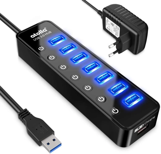 Hub USB 3.0 7 Ports Multi Port USB alimenté avec Interrupteur Indépendant et 5V/4A 20W Adaptateur Alimentation Bleue