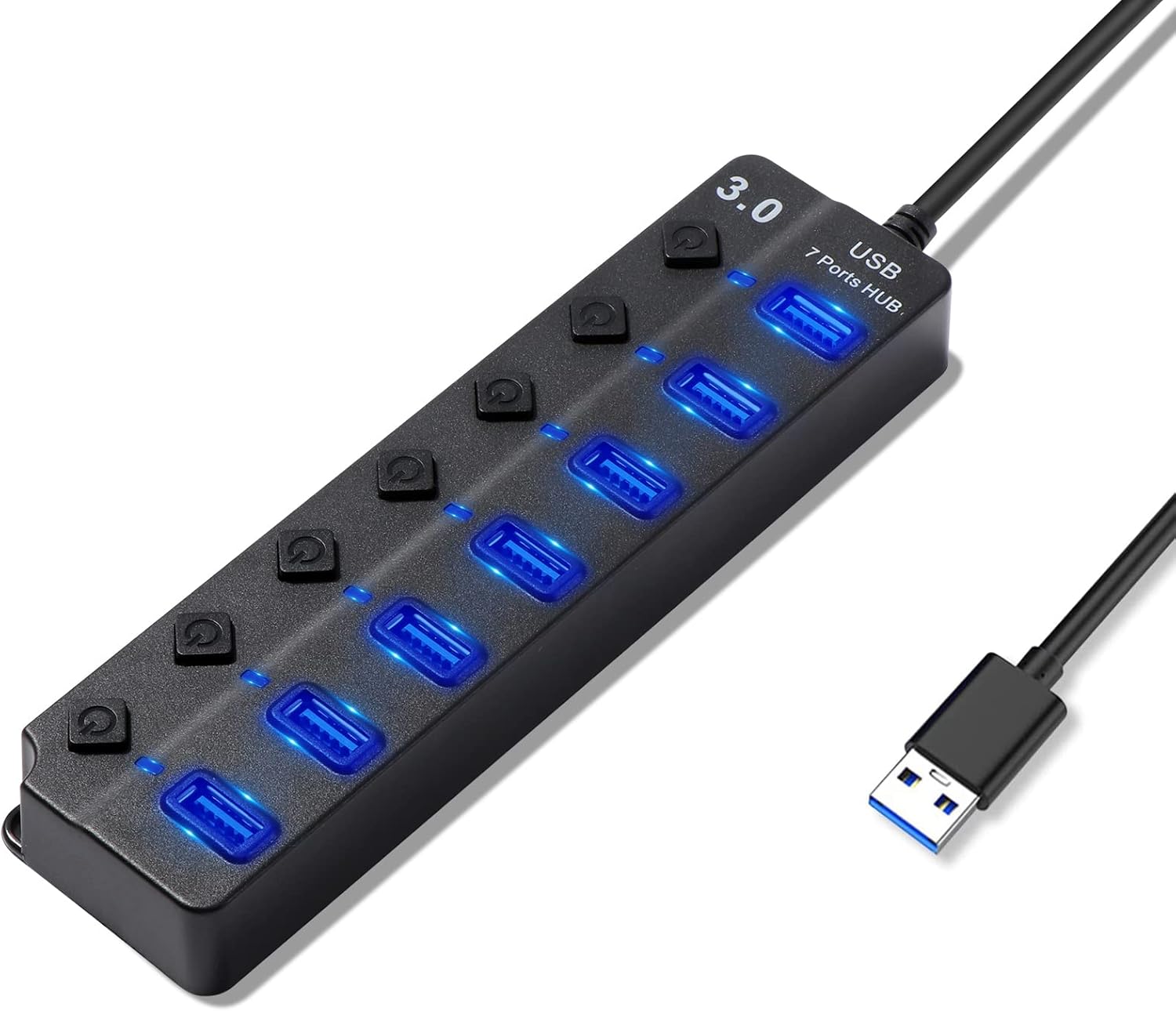 Hub USB 3.0,7 en 1 Multiprise USB Hub 1 USB 3.0 Et 6 USB 2.0,Port USB Multiple PC Transfert De Données Et La Recharge,USB Multiple Ports Interrupteur Et Lumière LED,1M Noir hub Con interruttore separato e luce a LED