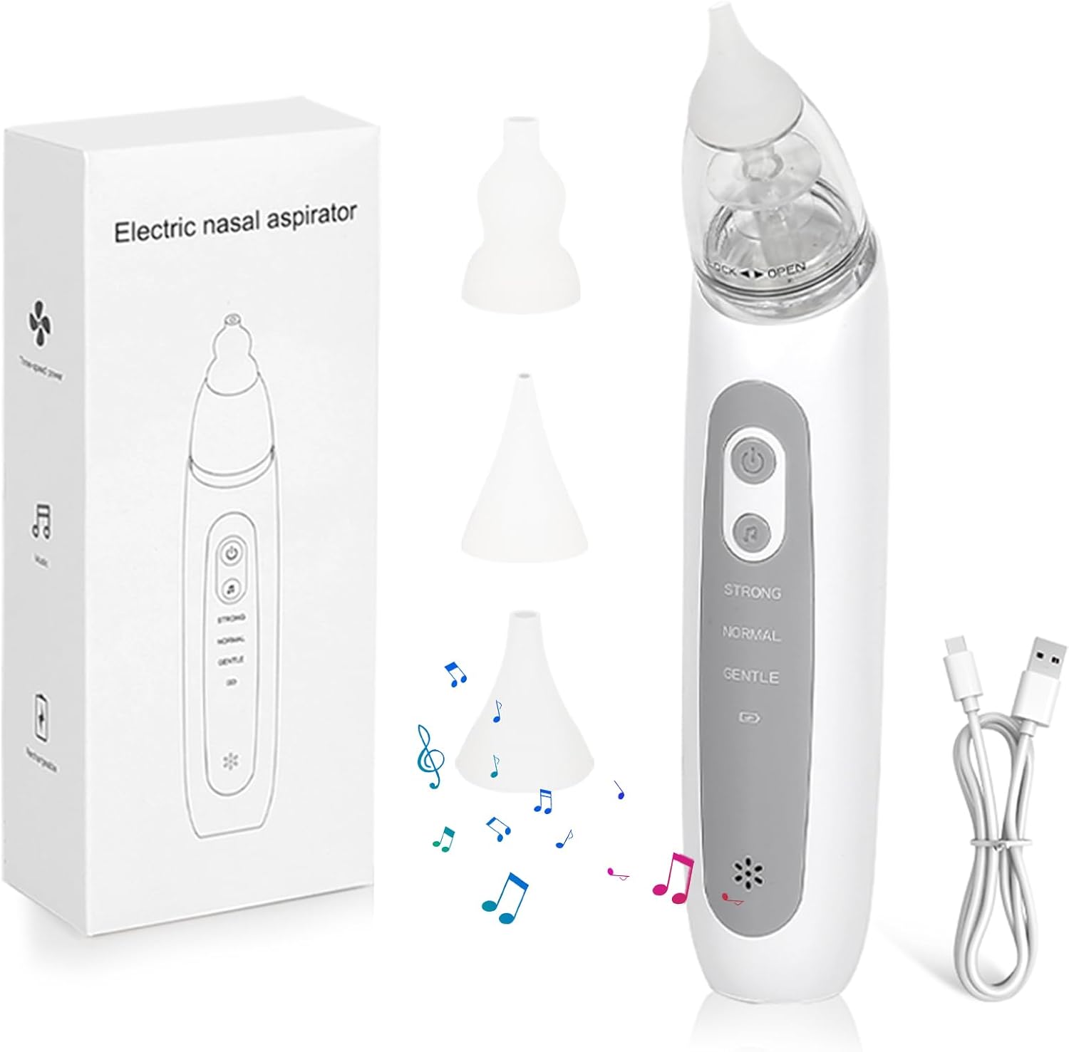 Mouche Bébé Electrique, 2025 Nouveau Aspirateur Nasal, Comprend 3 silicone doux, 3 Niveaux D'Aspiration, Rechargeable mouche pour les tout-petits et les tout-petits, avec Musique (Blanc)
