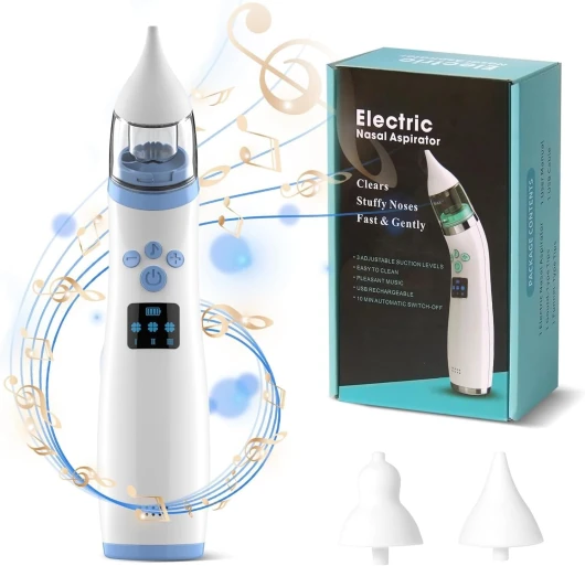 Anluomafuy Mouché Bébé Électrique, Aspirateur Nasal Électrique pour Bébé Avec 2 Buses en Silicone,Nettoyeur de Nez pour Bébé avec 3 Niveaux, Fonction Apaisante Musique et Lumière, Anti-refoulement