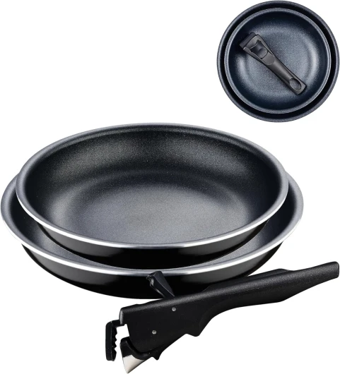 Black Edition - Set de 2 Poêles de Cuisine de 22 et 26 cm + 1 Manche Ergonomique et Amovible - Aluminium Pressé et Antiadhésif - Pour tous Types de Cuisinières et de Four Set de Poêles 20 + 26 cm