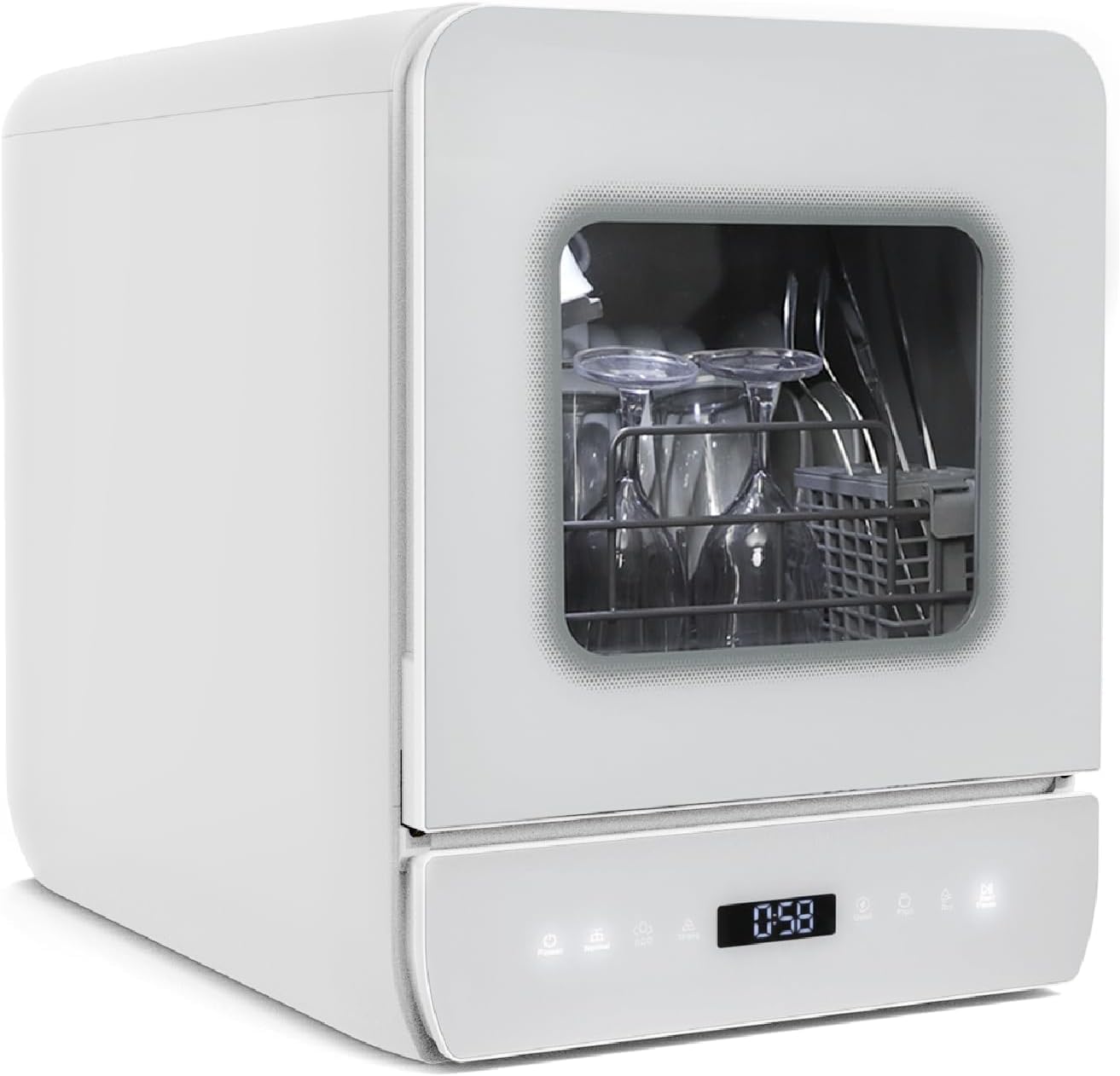 Mini Lave-vaisselle Compact 7 Programmes 45cm, Petit Lave-vaisselle de Table Portable 5 Couverts, Utilisable Avec ou Sans Arrivée d'Eau, Réservoir d'eau 4.8L, Écran LED, Camping Blanc avec Fenêtre Transparent