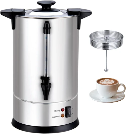 Percolateur à Café Inox 6L – 950W – Machine à Café Professionnelle 40 Tasses – Chauffe Rapide – Robinet Anti-Goutte – Température 90-92°C – Jauge de Niveau – Panier Inclus – Inox Simple Paroi