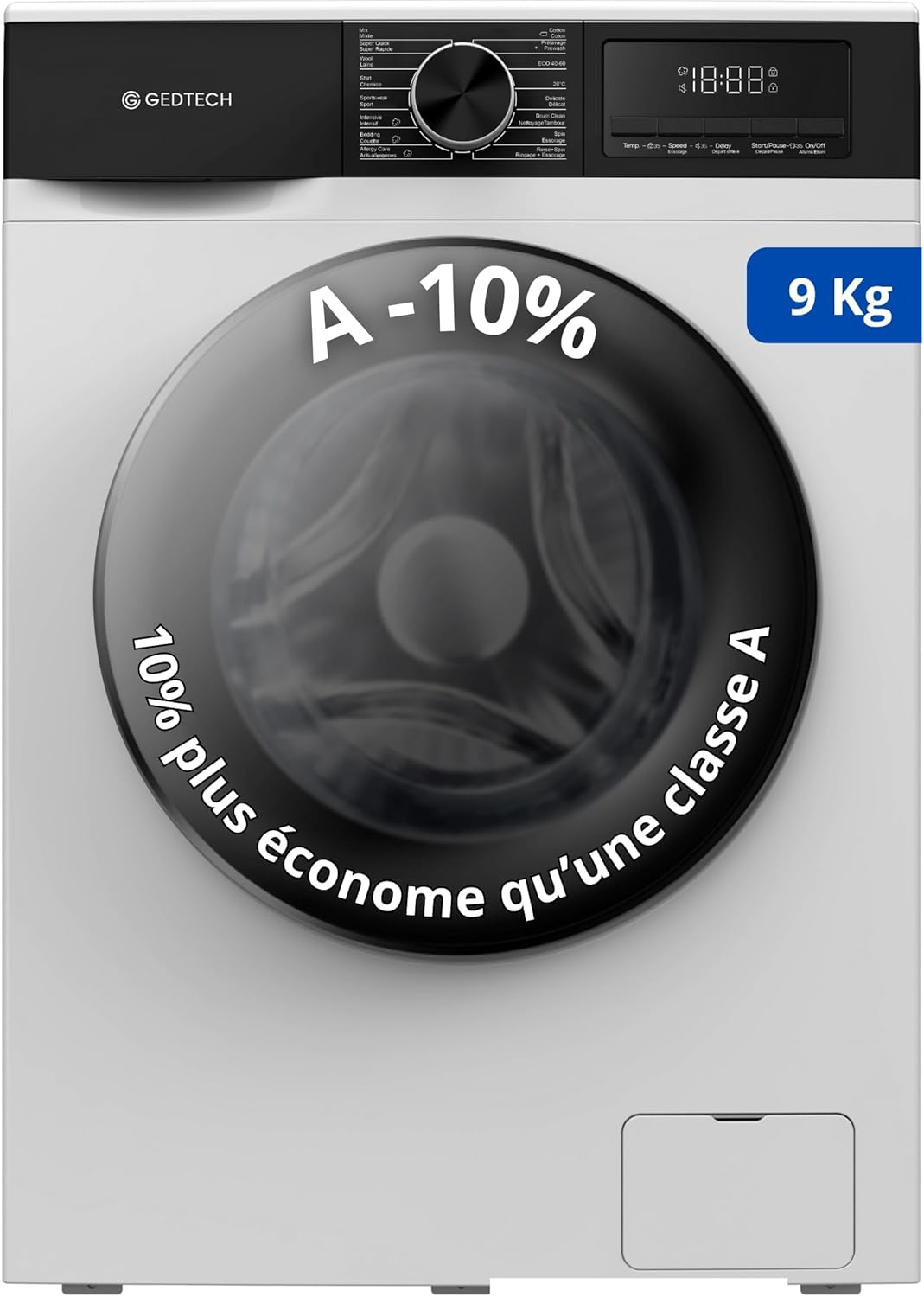 Lave-linge frontal GEDTECH GLL91400WH - 9 Kgs - 1400 tr/mn - 16 programmes - Eco - Intensif - Rapide – Très Faible conso - Classe A-10% Blanc 9 Kgs