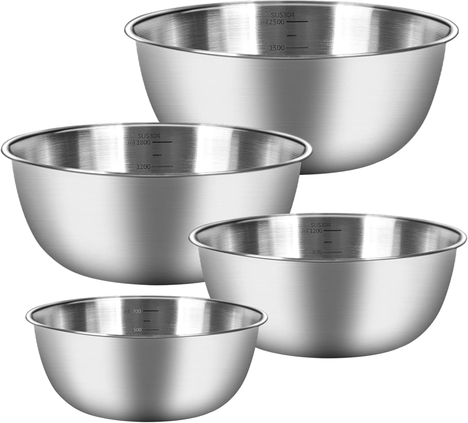 Chuner Lot de 4 Cul de Poule Inox, 4 Saladiers de tailles différentes (0.7 L, 1.2 L, 1.8 L, 2.5 L) Bol Inox Cuisine Bowl de Mélange, Empilables et Lavables au Lave-vaisselle A: Lot de 4 (0,7 L/ 1,2 L/ 1,8 L/ 2,5 L)