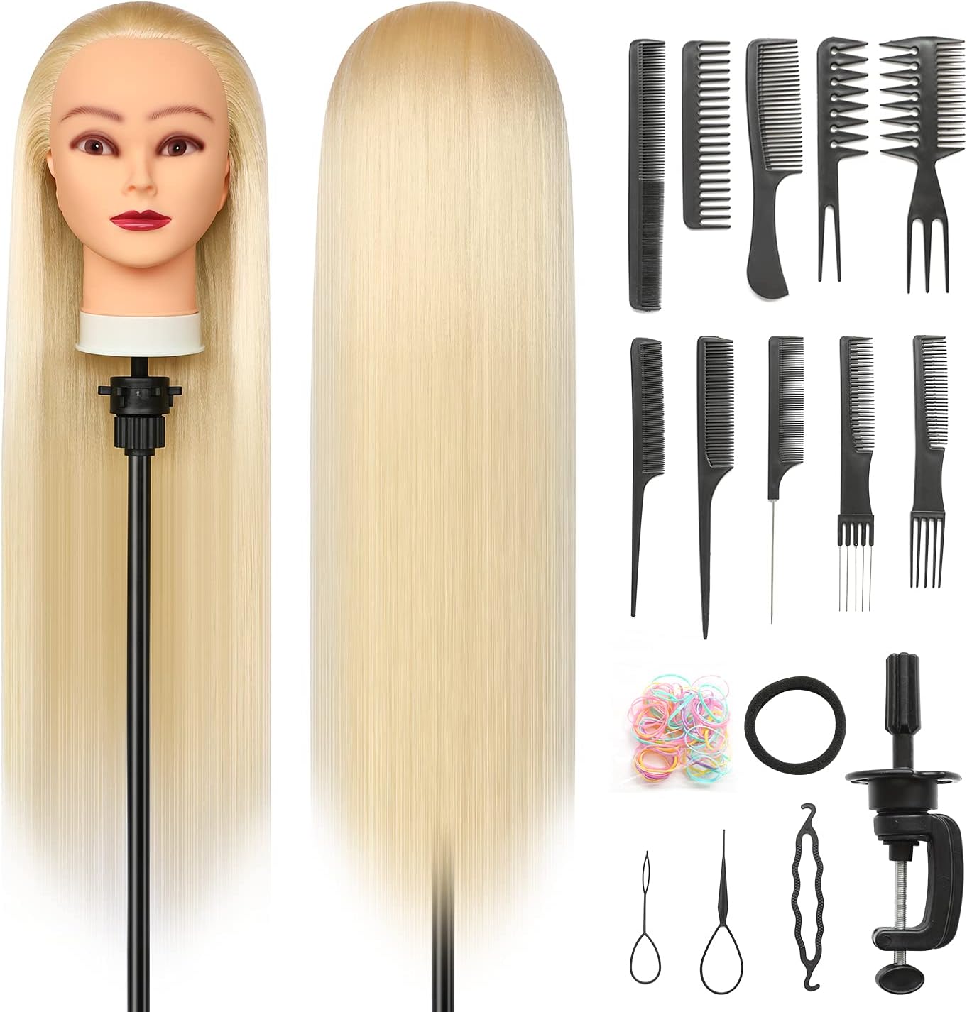 Tete a Coiffer, 28 inch 100% de Cheveux Synthétiques Têtes d'exercice Tête À Coiffer Coiffure Cosmétologie tete a coiffer professionnelle Poupée avec Support + Ensemble de Tresse (Blonde)