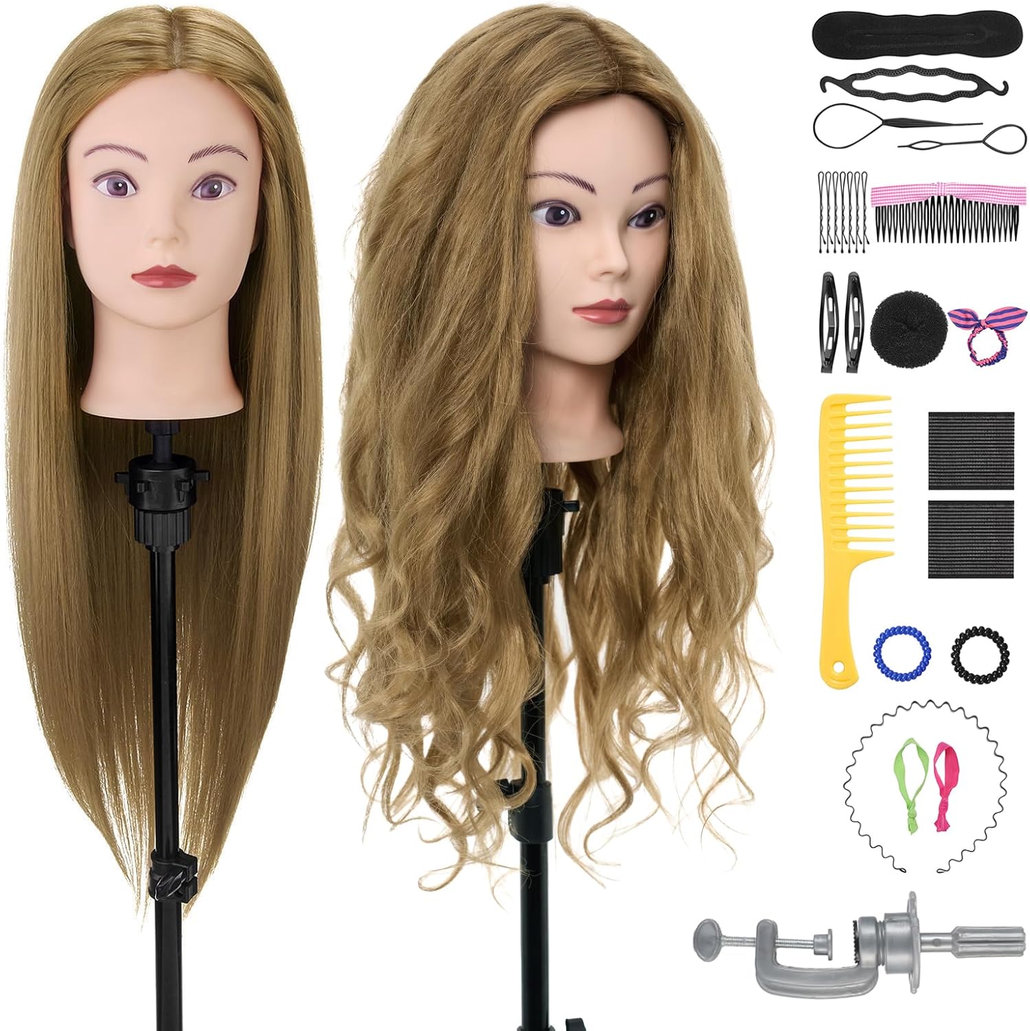 Tete a Coiffer,Neverland 28" Tête à Coiffer Professionnel Coiffure,80% de Cheveux Humains,Cosmétologie Mannequin Poupée pour le Salon avec Support+ Hairdressing Outils Accessoires Set（Blond）