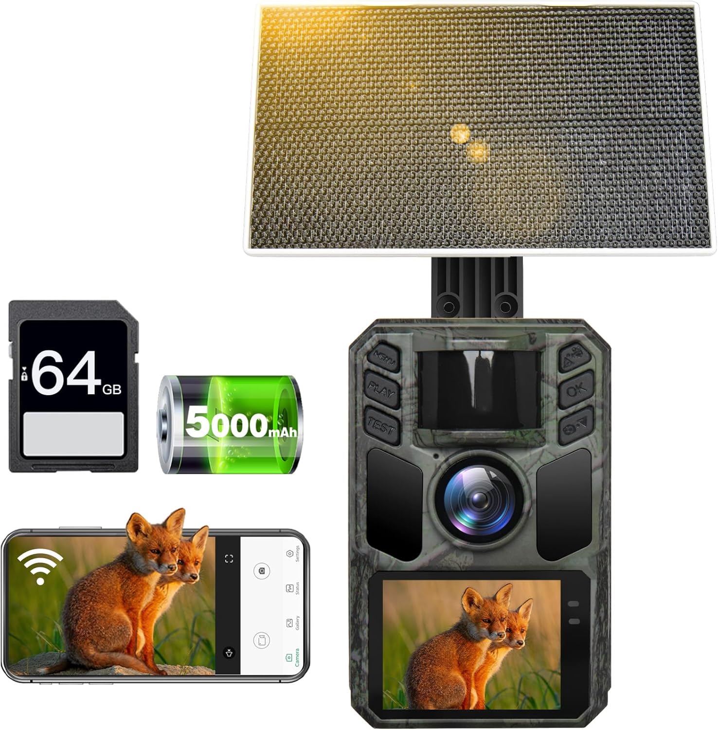 FKPCAM Caméra de Chasse Solaire WiFi 4K 64MP avec 5000mAh Batterie Rechargeable, Camera Chasse Connectée Telephone, 850nm LED Camera Infrarouge Vision Nocturne Animaux Caméra avec Carte 64GB Vert