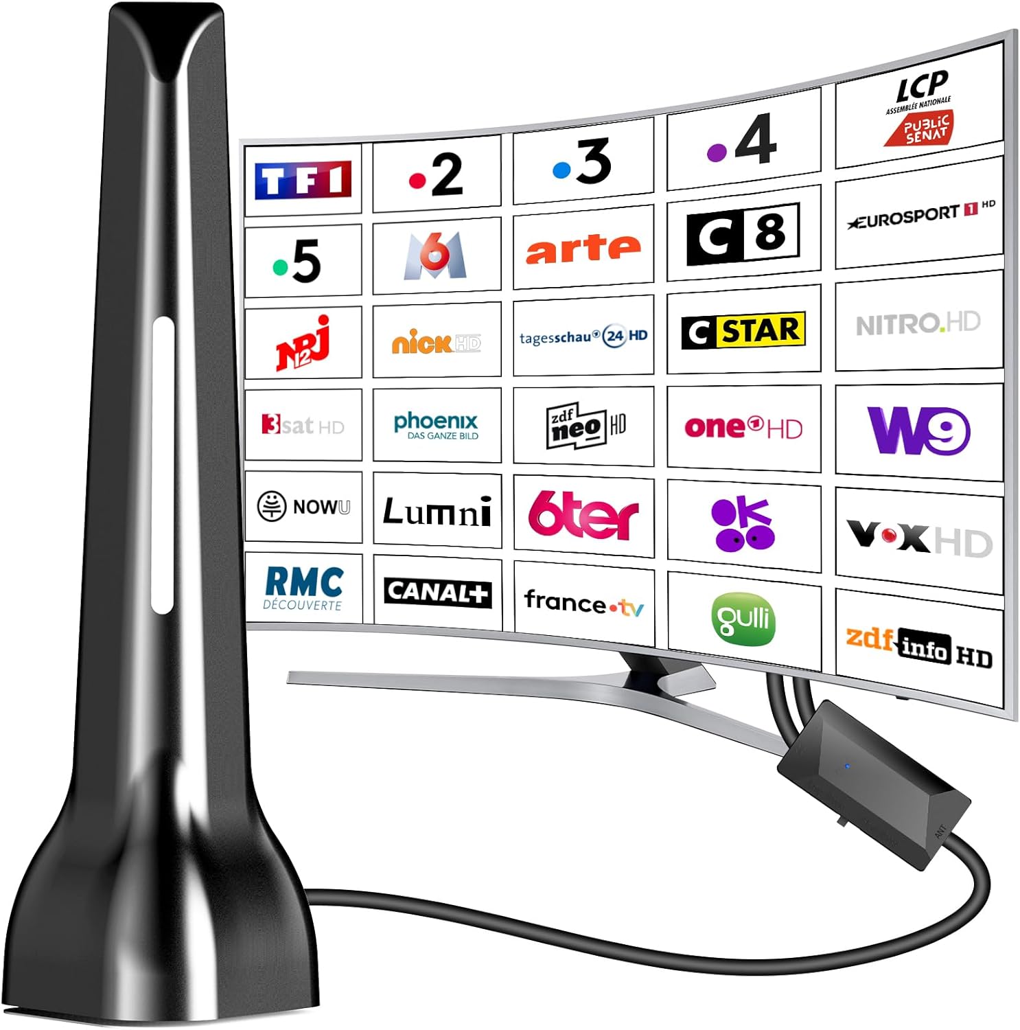 Antenne TV intérieur puissante,Antenne TNT intérieure équipée d'un amplificateur de Signal à Gain élevé,réception Longue Distance jusqu'à 420 km avec Base magnétique