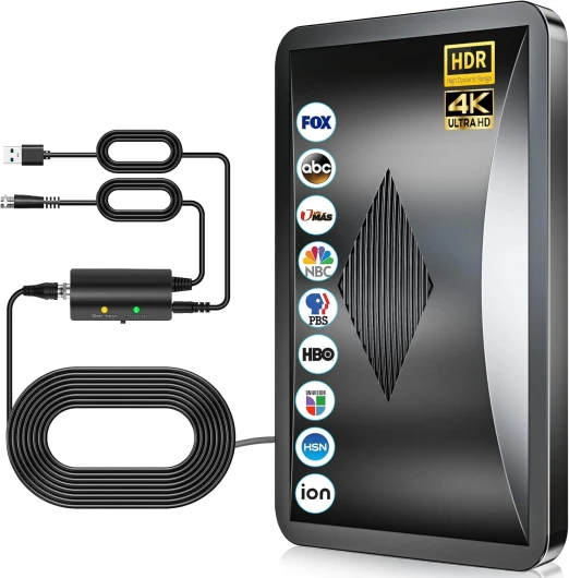 Antenne TV Intérieur Puissante TNT HD,600KM Gamme Antenne Intérieure HDTV Amplificateur Intellectuel Signal,Convient aux 1080P 4K VHF UHF Chaînes Télévision Gratuites-10M de Câble Coaxial 600KM-Black/LX