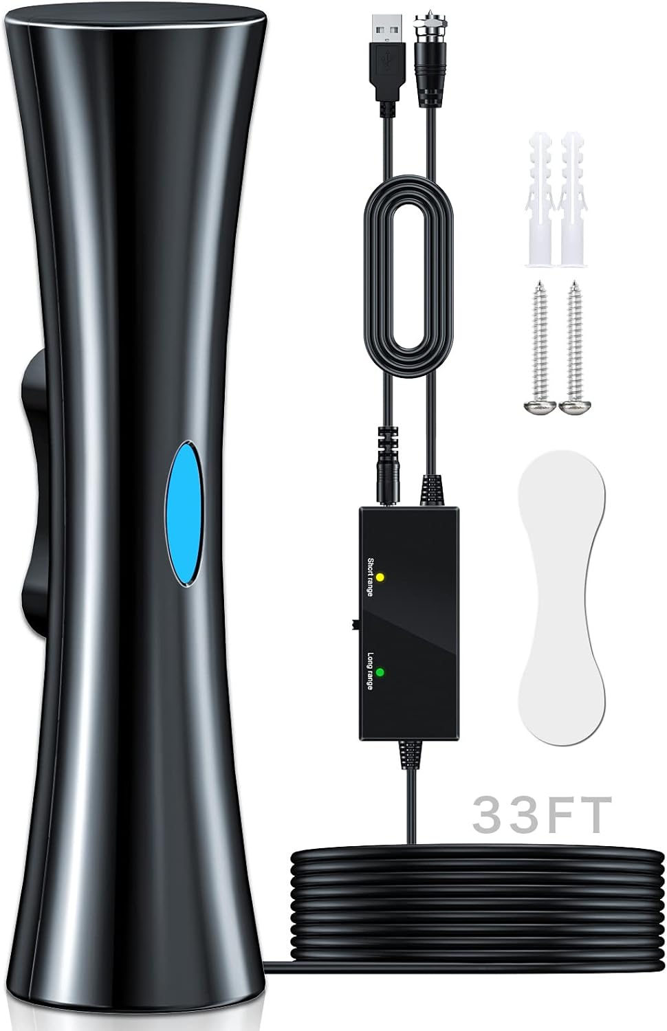 Antenne TV Intérieur Puissante TNT HD,620+KM Antenne TNT IntéRieur Puissante avec Amplificateur de Signal à Gain Élevé, Réception Longue Portée à 360° pour TV 4K 1080P HDTV & VHF UHF-10M Câble Coax 620KM/Black002