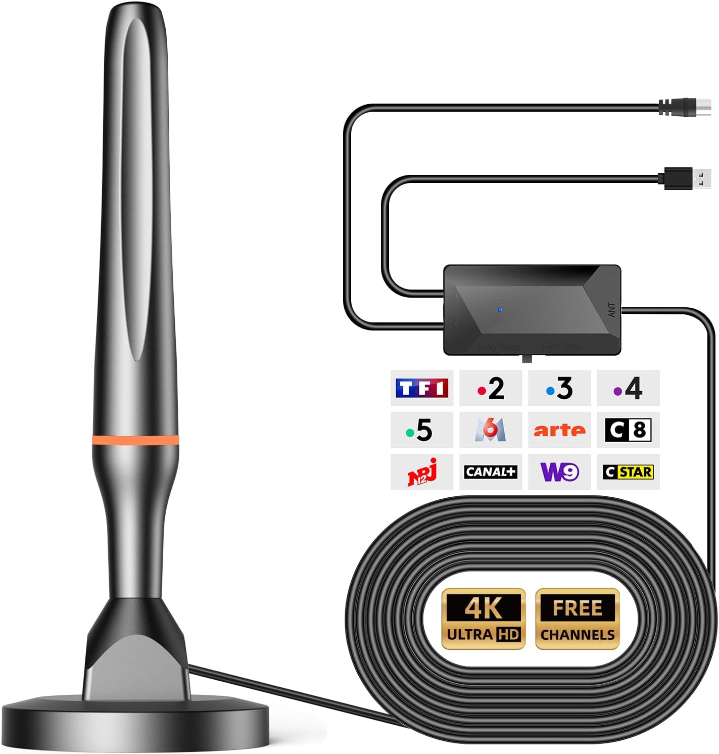 Antenne TV Intérieure Puissante TNT HD, 2025 le plus récent Antenne TV Intérieur avec Amplificateur de Signal à Gain Élevé, Réception Longue Portée à 360° avec Base Magnétique Solide pour,Antennes TNT Orange-174160001