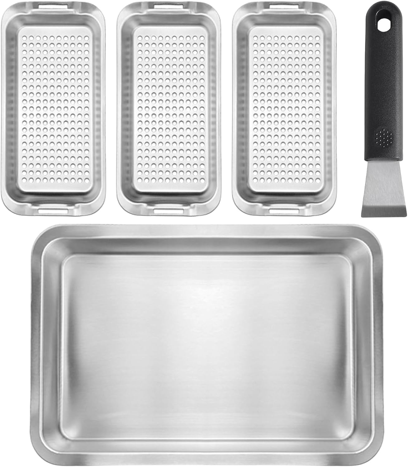 Dokeno Panier Grille Set pour Barbecue, 3 Paniers de Grillades en Acier Inoxydable avec Plateau de Service et Poignée Universelle pour Griller Poissons Légumes Viandes, Panier à Légumes Barbecue
