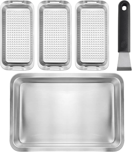 Dokeno Panier Grille Set pour Barbecue, 3 Paniers de Grillades en Acier Inoxydable avec Plateau de Service et Poignée Universelle pour Griller Poissons Légumes Viandes, Panier à Légumes Barbecue