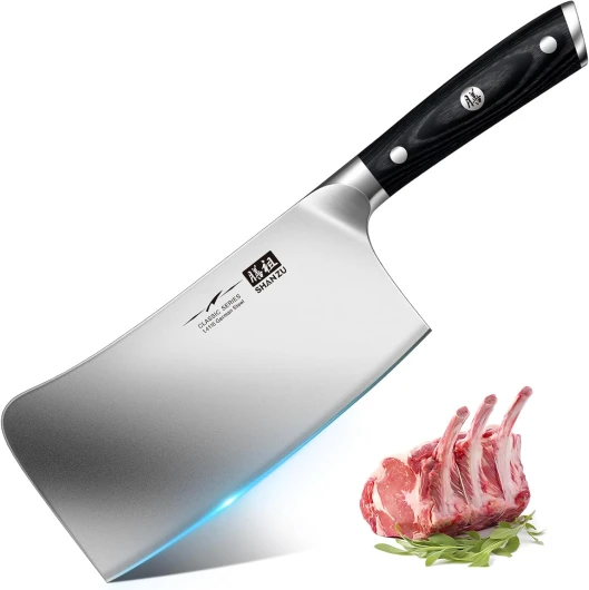 Feuille de Boucher Couteau de Cuisine Chinois Couperet de Cuisine 17.8cm Acier Inoxydable Lame Epaissie à 21 ° pour Hacher Les Os- Classic Series Feuille de Boucher à Os