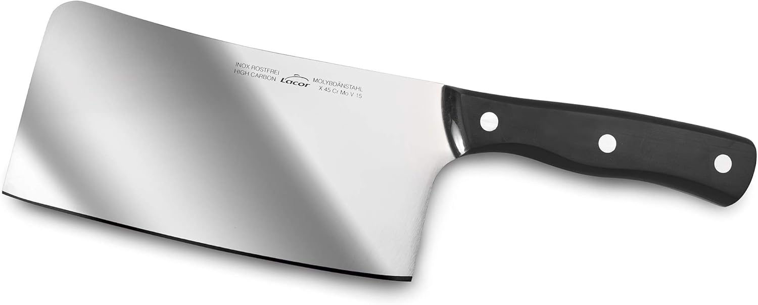 Lacor - 39018 - Cuisine Macheta, Couteau Boucher Professionnel, Acier Inoxydable, Poignée Ergonomique, Mesure des Feuilles 17 x 8cm, Noir