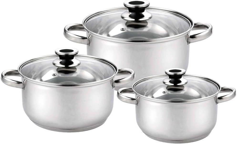 Haussmann Héritage® - 6 pièces Marmite Faitout acier inoxyable avec couvercles en verre - tous feux dont induction - HM-0613