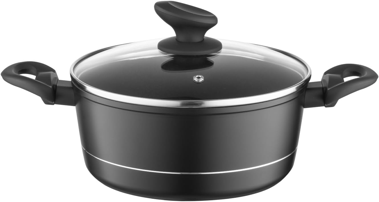 Faitout Aluminium (2,1 l) I Diamètre de 20 cm I Marmite avec Couvercle en Verre DELUX I Casserole avec Fond à Induction I Faitout pour Induction, Marmite tous Feux I Revêtement Antiadhésif Delux 2,1L - 20 cm