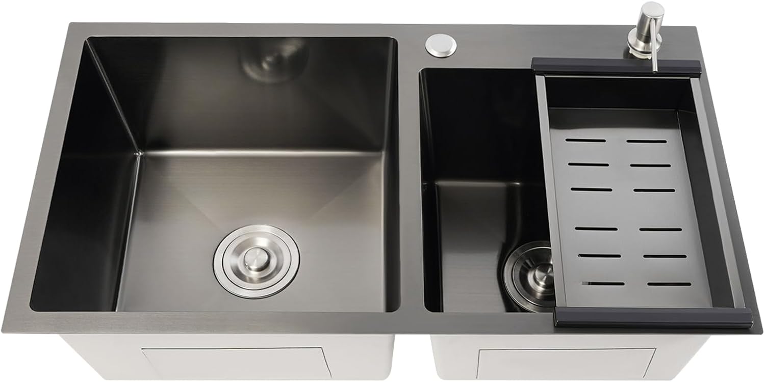 Évier encastré - Double lavabo - 2 bacs - Évier de cuisine - En acier inoxydable - Double bac avec égouttoir - Distributeur de savon Chensp - Égouttoir à encastrer - Noir - 78 x 43 x 22,5 cm