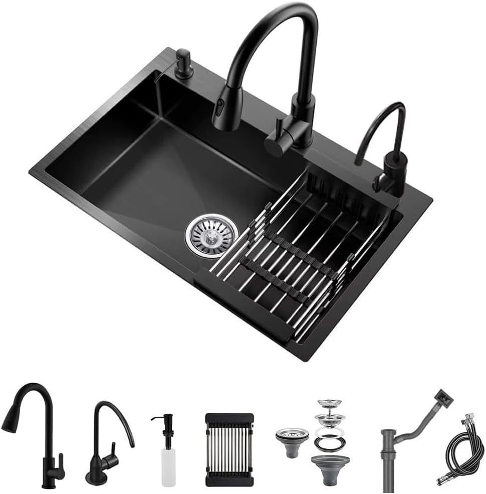 évier de cuisine encastré noir, évier monobol en acier inoxydable, évier de poste de travail monté sur le dessus avec robinet coulissant, savon et panier de vidange (Aec robinet, 50 * 45 * 20cm) Aec Robinet 50*45*20cm