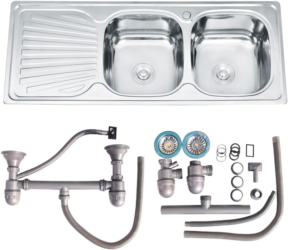 Melko 120cm stockage double évier intégré dans l'évier de cuisine en acier inoxydable 2 vasques