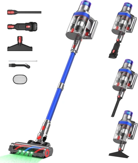 Aspirateur Balai sans Fil 600W/48Kpa/70 mins, aspirateur sans Fil pour la Maison, bac à poussière Extra Large de 2L, aspirateur léger et Autonome Rechargeable pour Tapis, Poils d'animaux et sols durs Bleu