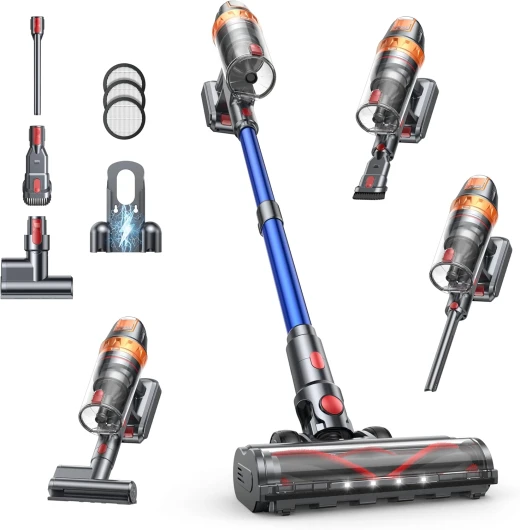 VAC03 Aspirateur Balai sans Fil 600W Moteur-45KPa Aspirateur sans Fil Puissant avec Batterie Détachable 60 Min (ECO), Mode Automatique Intelligent,Écran LED,Brosse Matelas et Support Mural