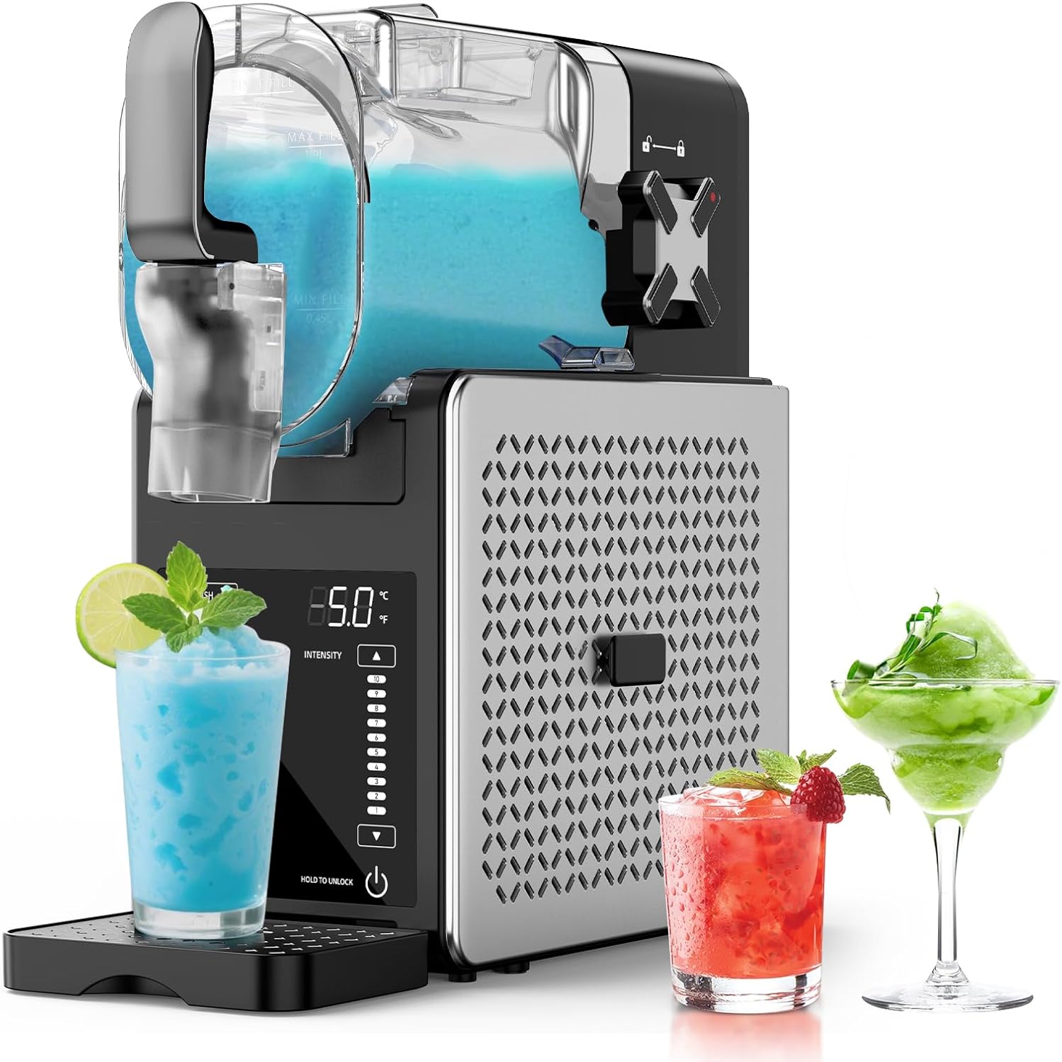 Slush Machine – Machine à slushie de 2,5 L, pas besoin de glace, avec écran LED, 6 programmes prédéfinis pour margaritas, frappés, milkshakes et service doux, fonctionnement à un bouton, nettoyage