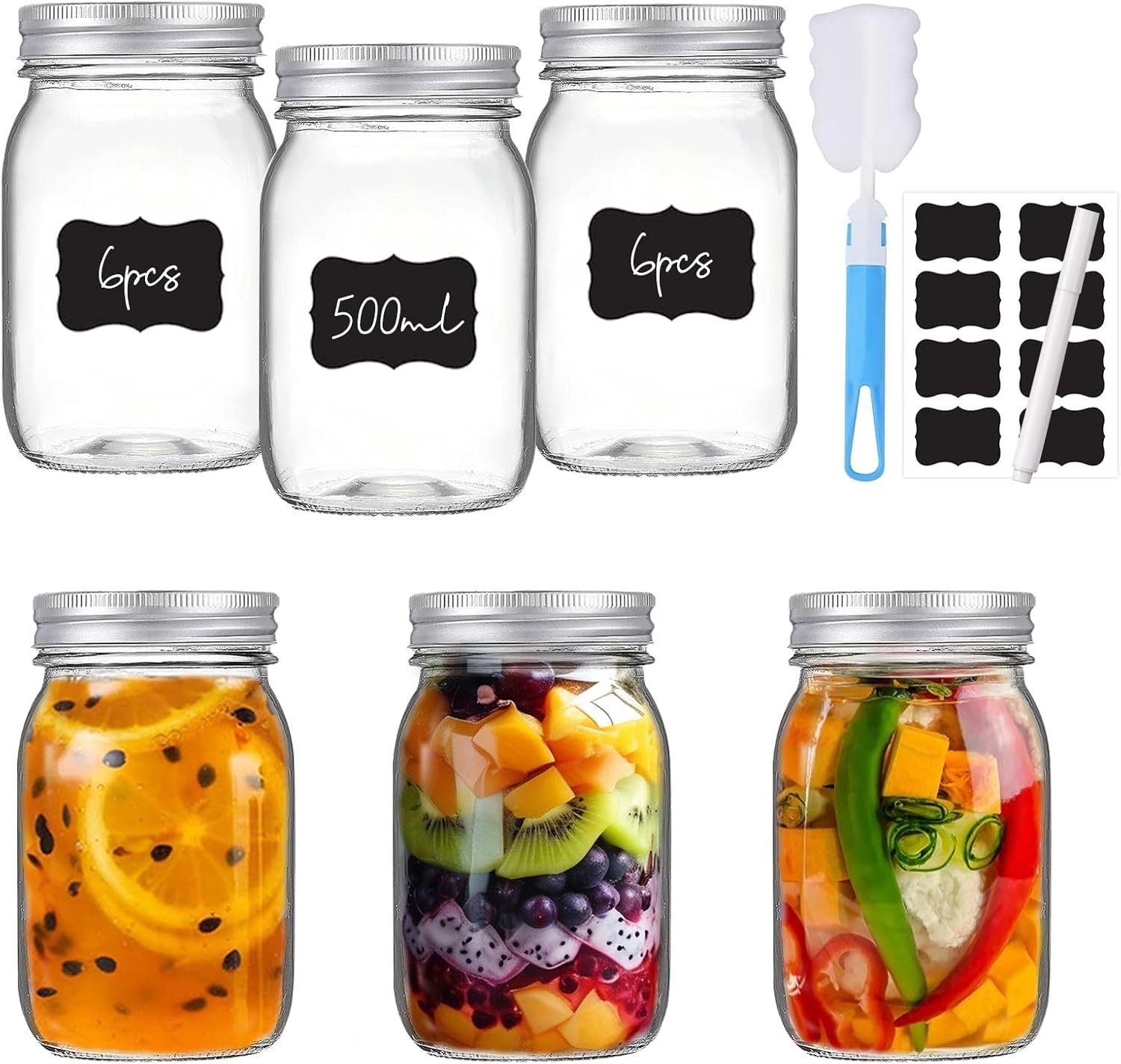 KIMIGO Lot de 6 Mason Jar avec Couvercle,500ml Pots de Conservation en Verre Hermétiques,bocaux Mason Jar en verre,Bocaux en verre,Bocaux de conservation pour Conserve, Fermentation, Marinade