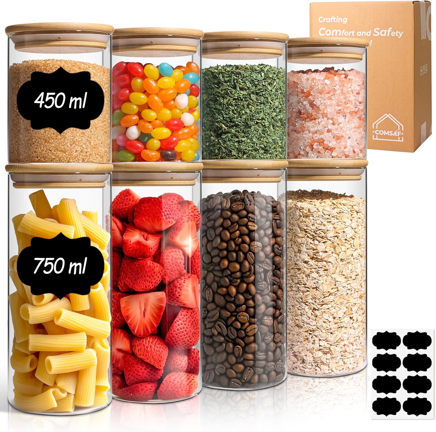 Lot de 8 bocaux de conservation en verre hermétiques avec couvercle en bois - 400 ml x 4 et 750 ml x 4 400 ml * 4, 750ml * 4