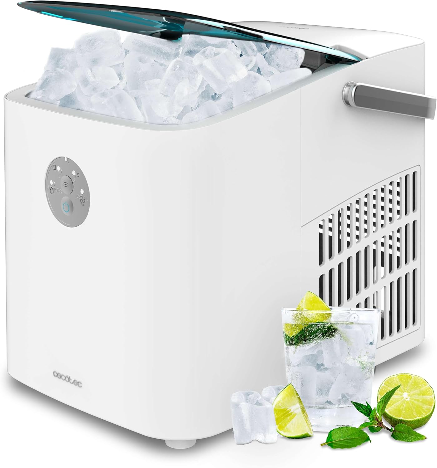 Machine à Glaçons avec Fenêtre Cecotec, Ice Maker, Chillin' Ice 1200 Go 120W, Capacité de Production Quotidienne de 12 kg, Glaçons en 6-8 minutes, 2 Tailles de Glaçons, Contrôle Simple - Production quotidienne 12 kg - Poignée