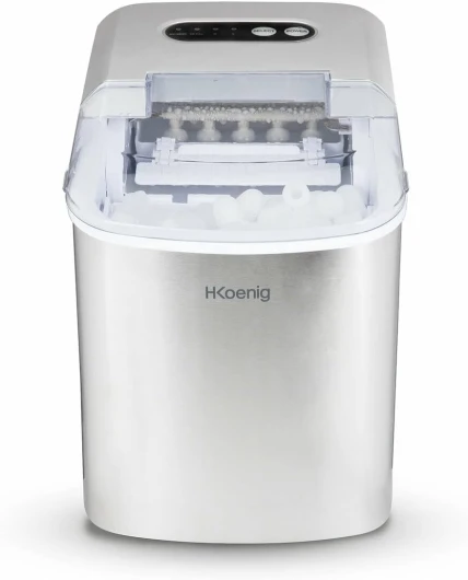 H.Koenig Machine à Glaçons KB14, 12kg en 24h, 9 Glaçons Prêts en 6 min, 2 tailles de Glaçons, Autonettoyante, Silencieuse 2,1L, Glaçons, avec Pelle à Glaçons, pour Maison/Cuisine/Camping Inox