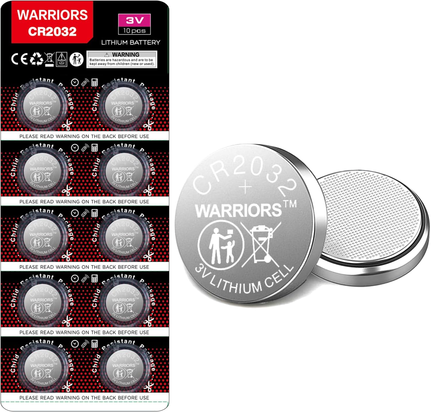 Warriors Pile CR2032 3V Lithium (x10) Pile Bouton Longue Durée pour Montres Télécommandes Clés Calculatrices Sécurité Enfant 10 PACK