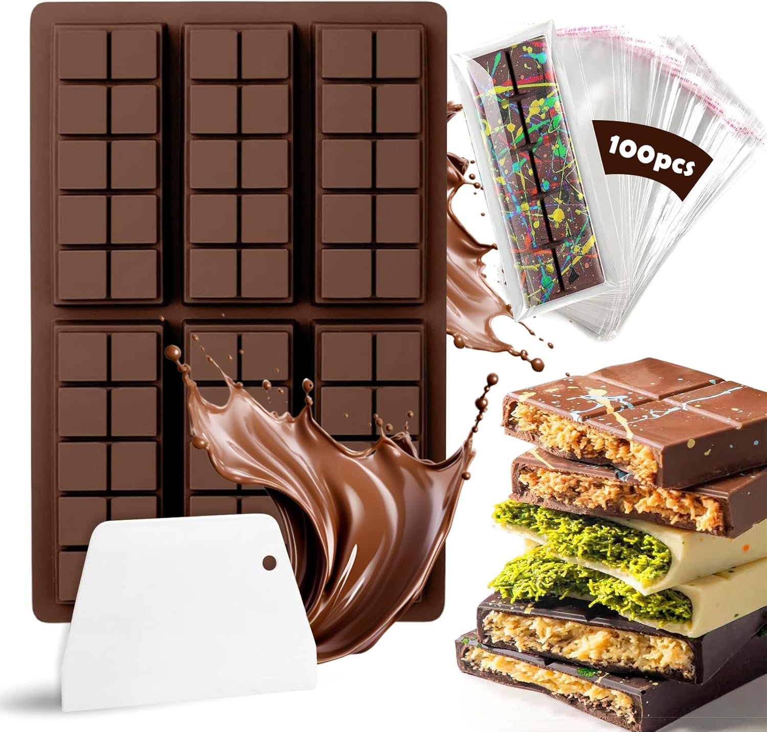 YSWOVUO Moule Tablette Chocolat, Moule Chocolat de 6 Cavités, Moule Silicone Tablette de Chocolat Sans BPA, Moule Mini Tablette Chocolat pour Faire du Chocolat Grille carrée