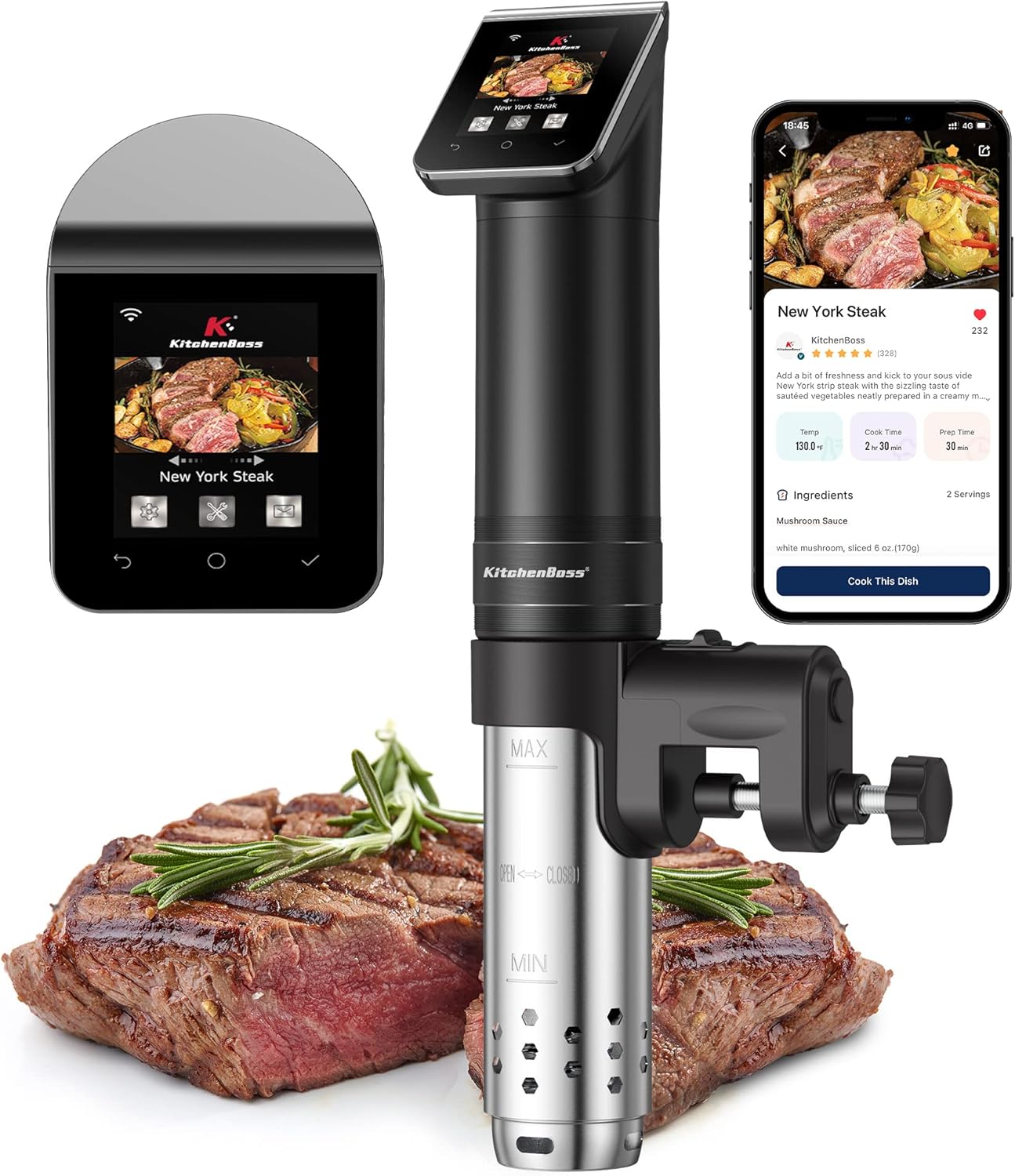 Thermoplongeur WLAN Cuiseur Sous Vide: G330 Wifi Cuisson Sous Vide, 1100W,IPX7 Imperméable à l'eau d'Immersion de Cuisinière Thermostat Réglable APP Contrôle, Acier inoxydable, Noir Unique