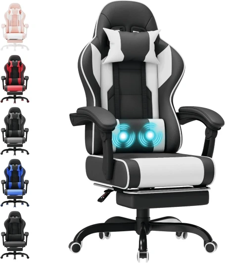 Chaise de Jeu Ergonomique avec Massage Lombaire, Fauteuil Gamer, Repose-Pieds, Dossier Inclinable, Assise Douce et Résistante, Idéale pour Jeux et Boulot, Blanc